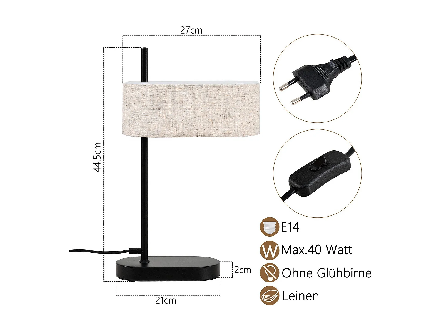 NETTLIFE Lampka nocna do sypialni w stylu vintage 44,5 cm E14 Czarny abażur z tkaniny lnianej z przełącznikiem, bez żarówki