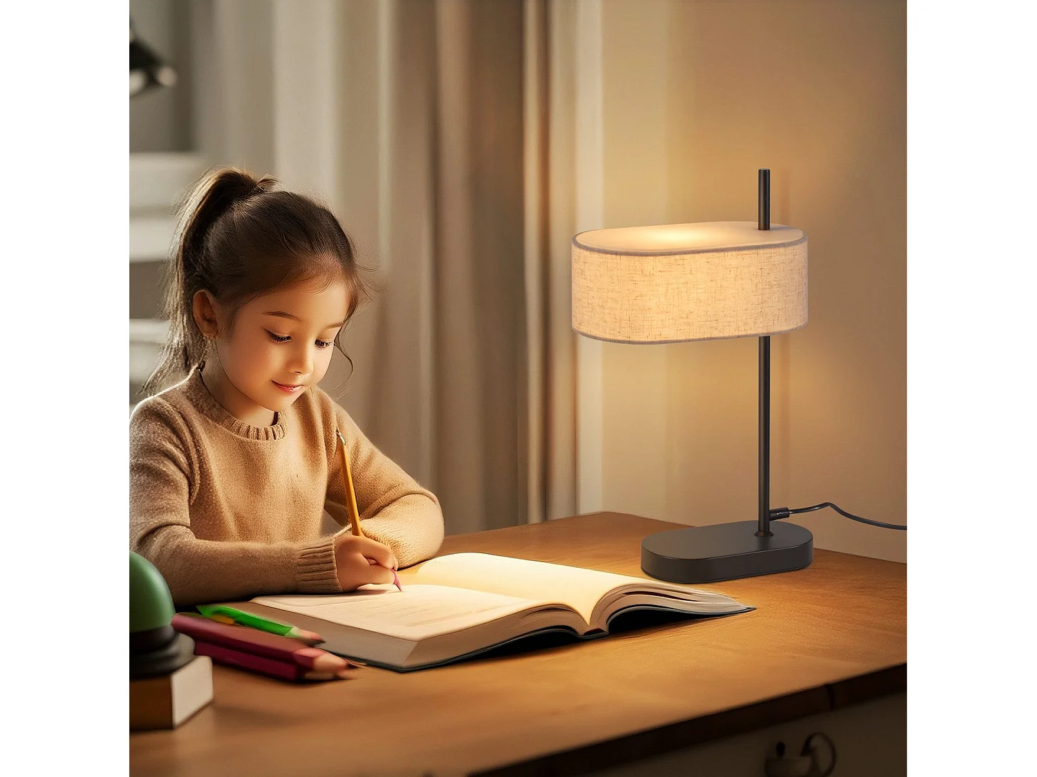 NETTLIFE Lampka nocna do sypialni w stylu vintage 44,5 cm E14 Czarny abażur z tkaniny lnianej z przełącznikiem, bez żarówki