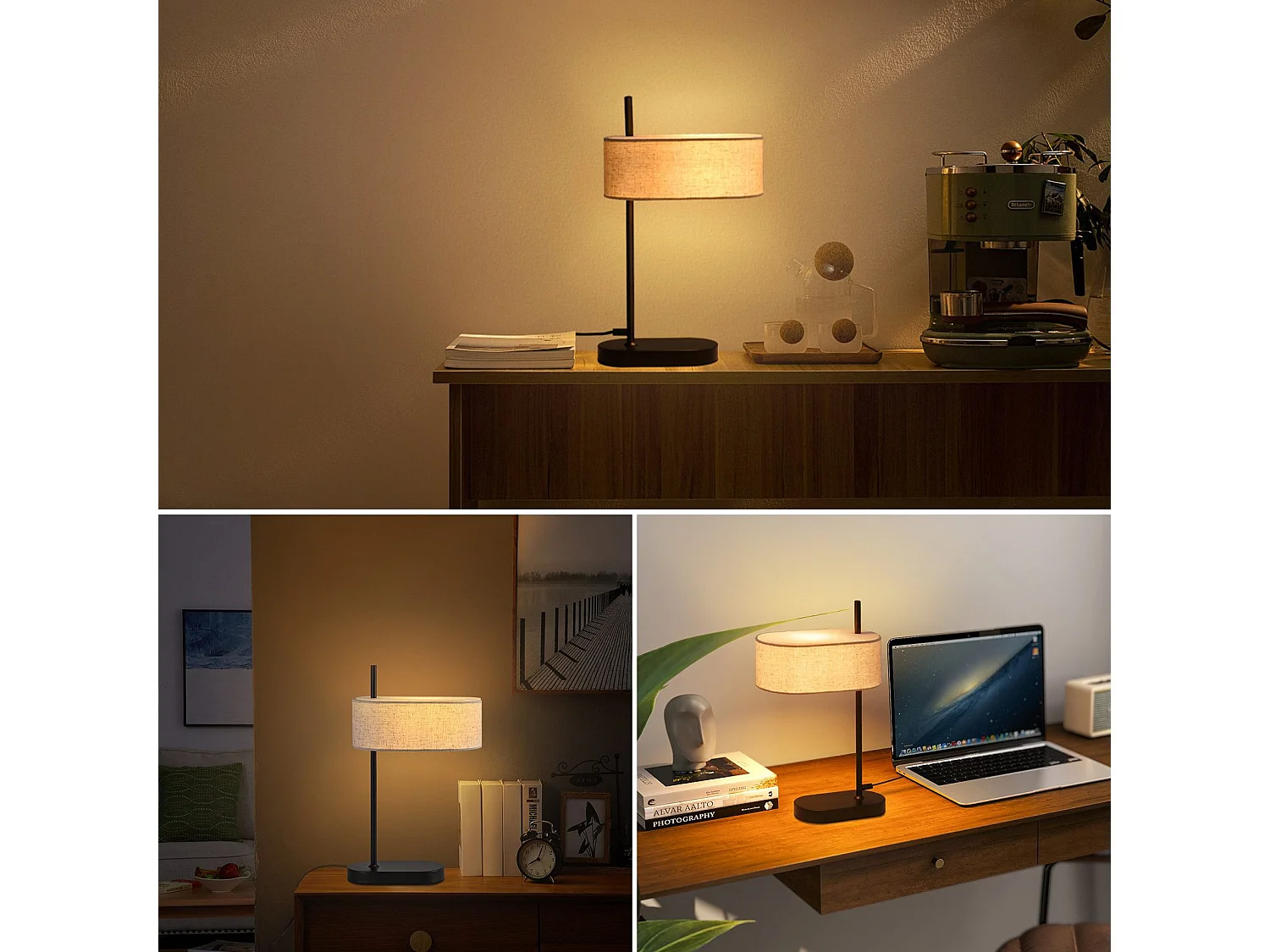 NETTLIFE Lampe de chevet chambre vintage 44,5cm E14 abat-jour en tissu lin noir avec interrupteur, sans ampoule