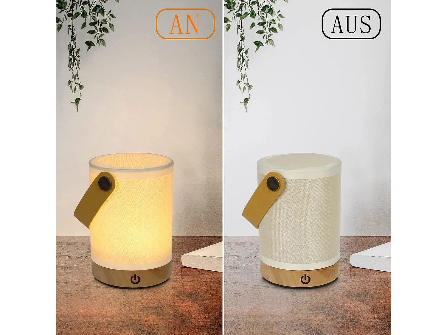 NETTLIFE LED Touch Tischlampe, tragbarer kabelloser Lampenschirm aus Holz und Stoff mit Dimmfunktion