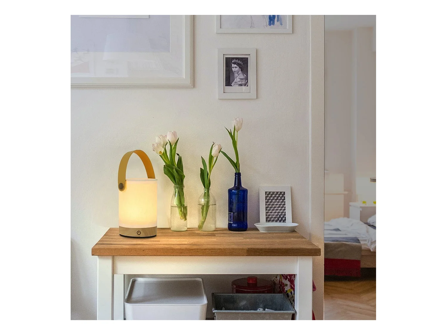 NETTLIFE LED Touch Tafellamp, Draagbare Draadloze Houten Stoffen Lampenkap met Dimfunctie