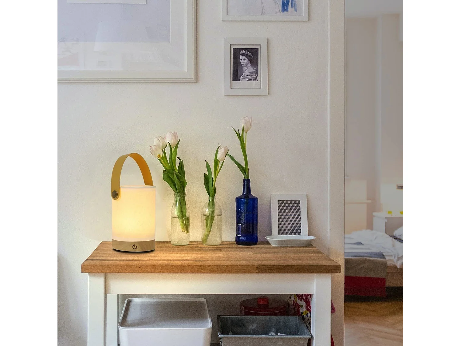 NETTLIFE Lampe de Table LED tactile, abat-jour Portable sans fil en tissu de bois avec fonction de gradation