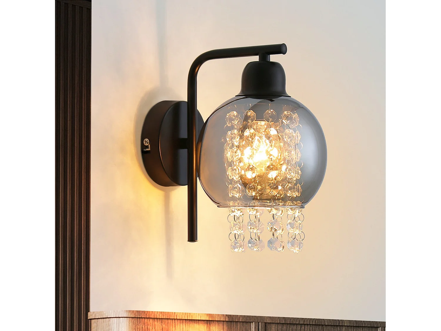 NETTLIFE Lámpara de pared de vidrio gris ahumado con bola de cristal E27 para dormitorio, lámpara de interior moderna para pasillo