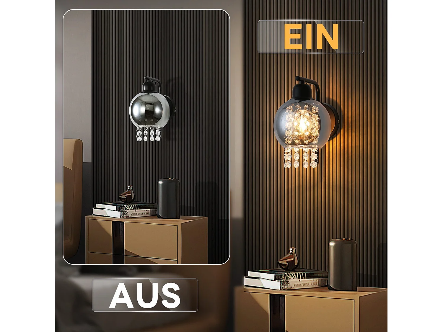 NETTLIFE Lámpara de pared de vidrio gris ahumado con bola de cristal E27 para dormitorio, lámpara de interior moderna para pasillo