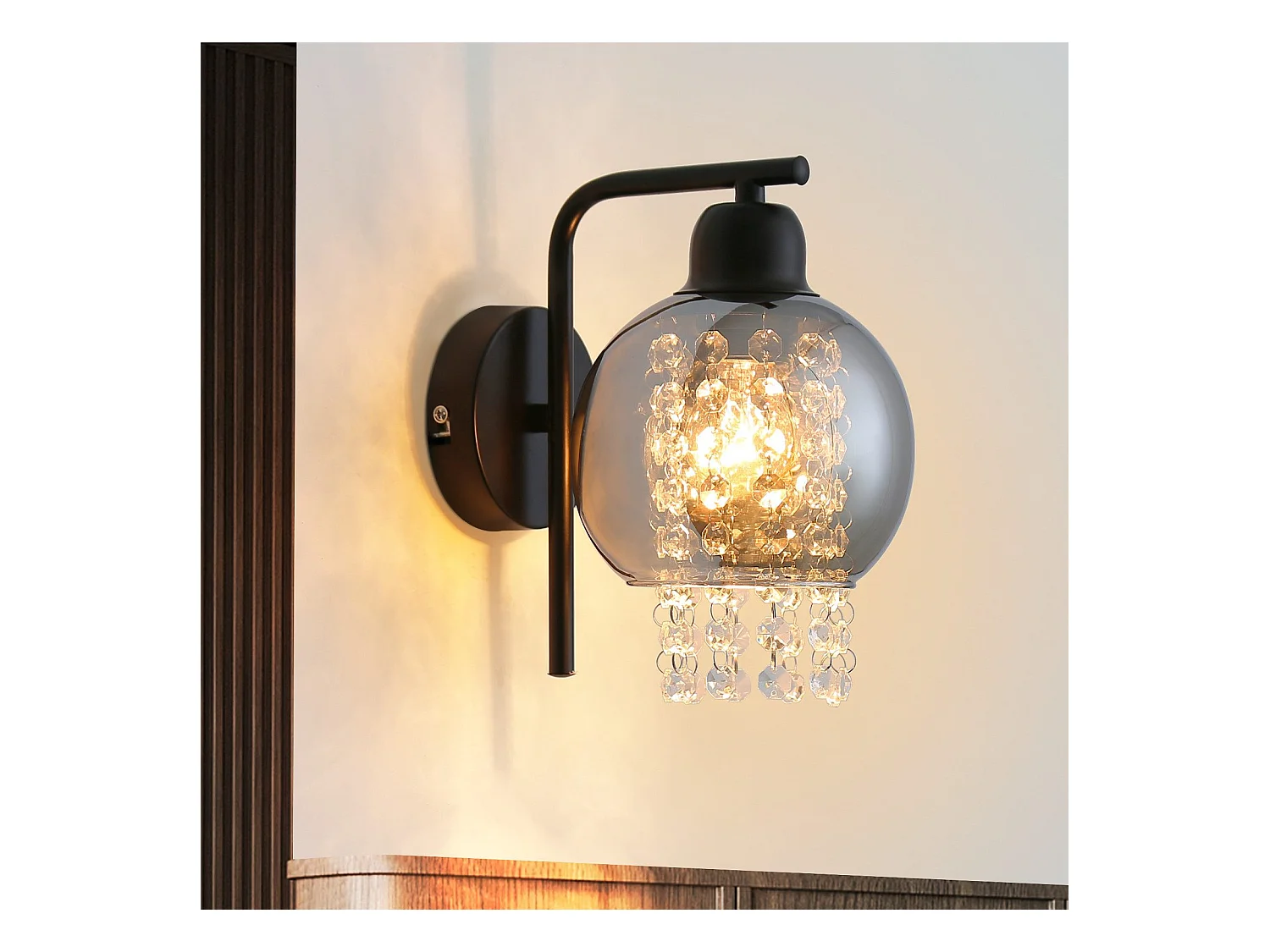NETTLIFE Applique murale en verre gris fumé avec boule en cristal E27 pour chambre à coucher, lampe d'intérieur moderne pour couloir