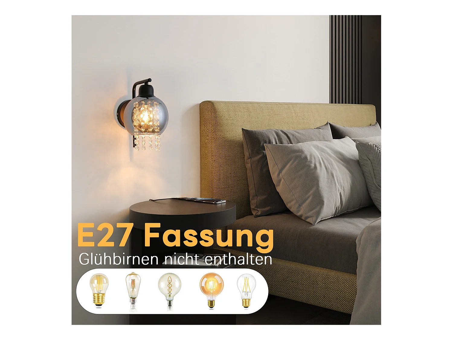 NETTLIFE Rauchgraue Glas-Wandleuchte mit Kristallkugel E27 für Schlafzimmer, Moderne Innenlampe für Flur