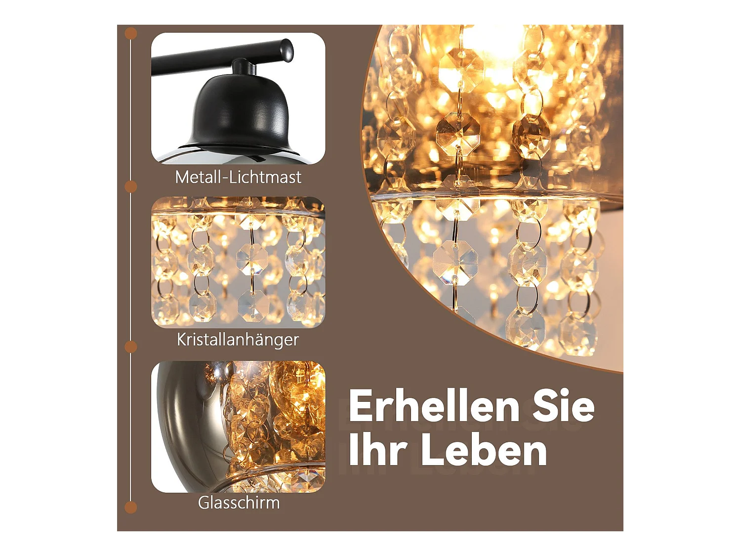 NETTLIFE Rauchgraue Glas-Wandleuchte mit Kristallkugel E27 für Schlafzimmer, Moderne Innenlampe für Flur