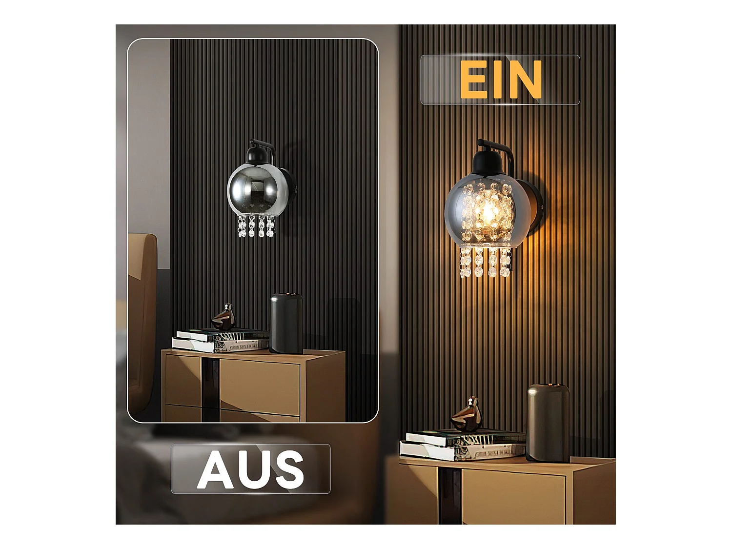 NETTLIFE Rauchgraue Glas-Wandleuchte mit Kristallkugel E27 für Schlafzimmer, Moderne Innenlampe für Flur