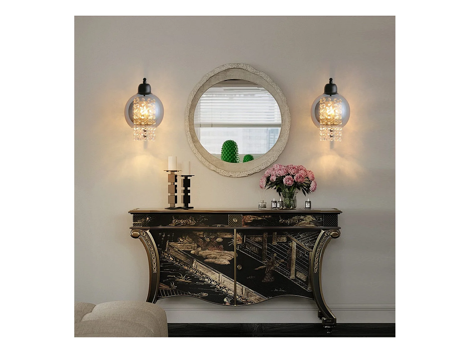 NETTLIFE Rauchgraue Glas-Wandleuchte mit Kristallkugel E27 für Schlafzimmer, Moderne Innenlampe für Flur