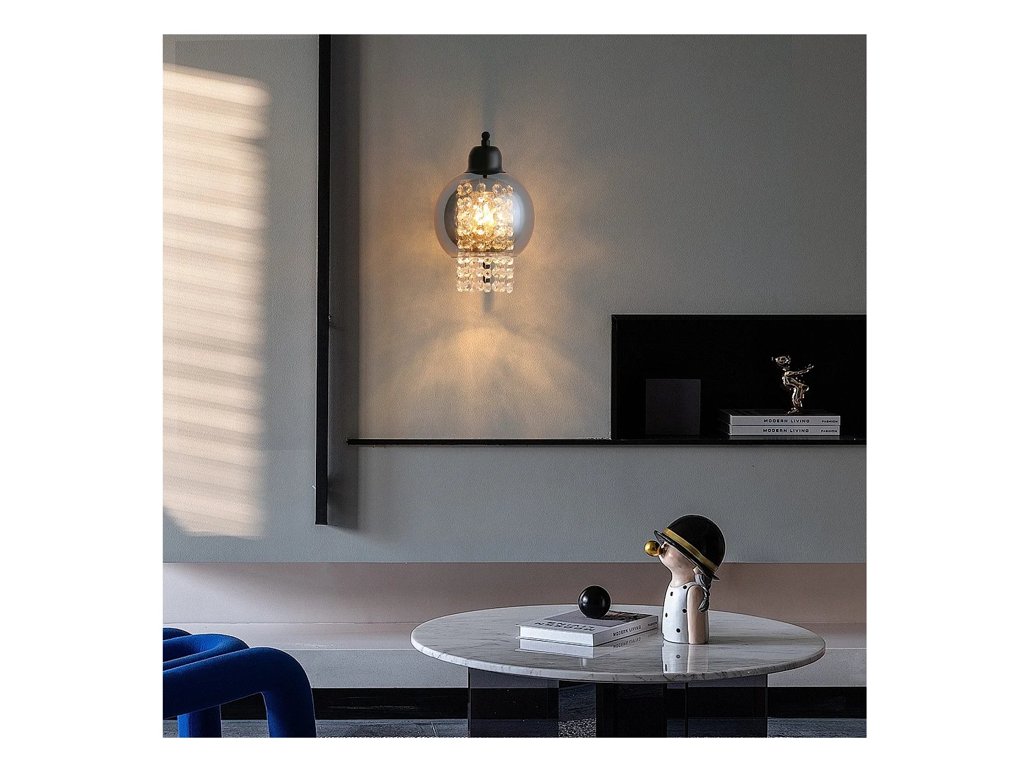 NETTLIFE Rauchgraue Glas-Wandleuchte mit Kristallkugel E27 für Schlafzimmer, Moderne Innenlampe für Flur