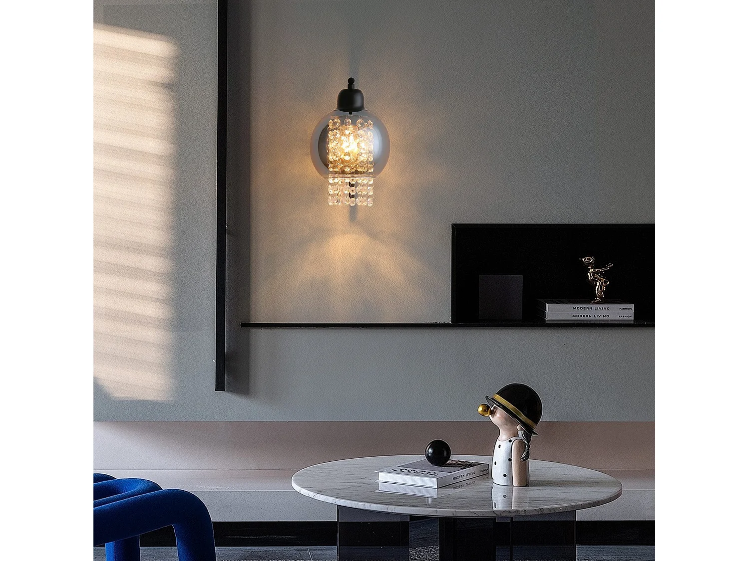 NETTLIFE Applique murale en verre gris fumé avec boule en cristal E27 pour chambre à coucher, lampe d'intérieur moderne pour couloir