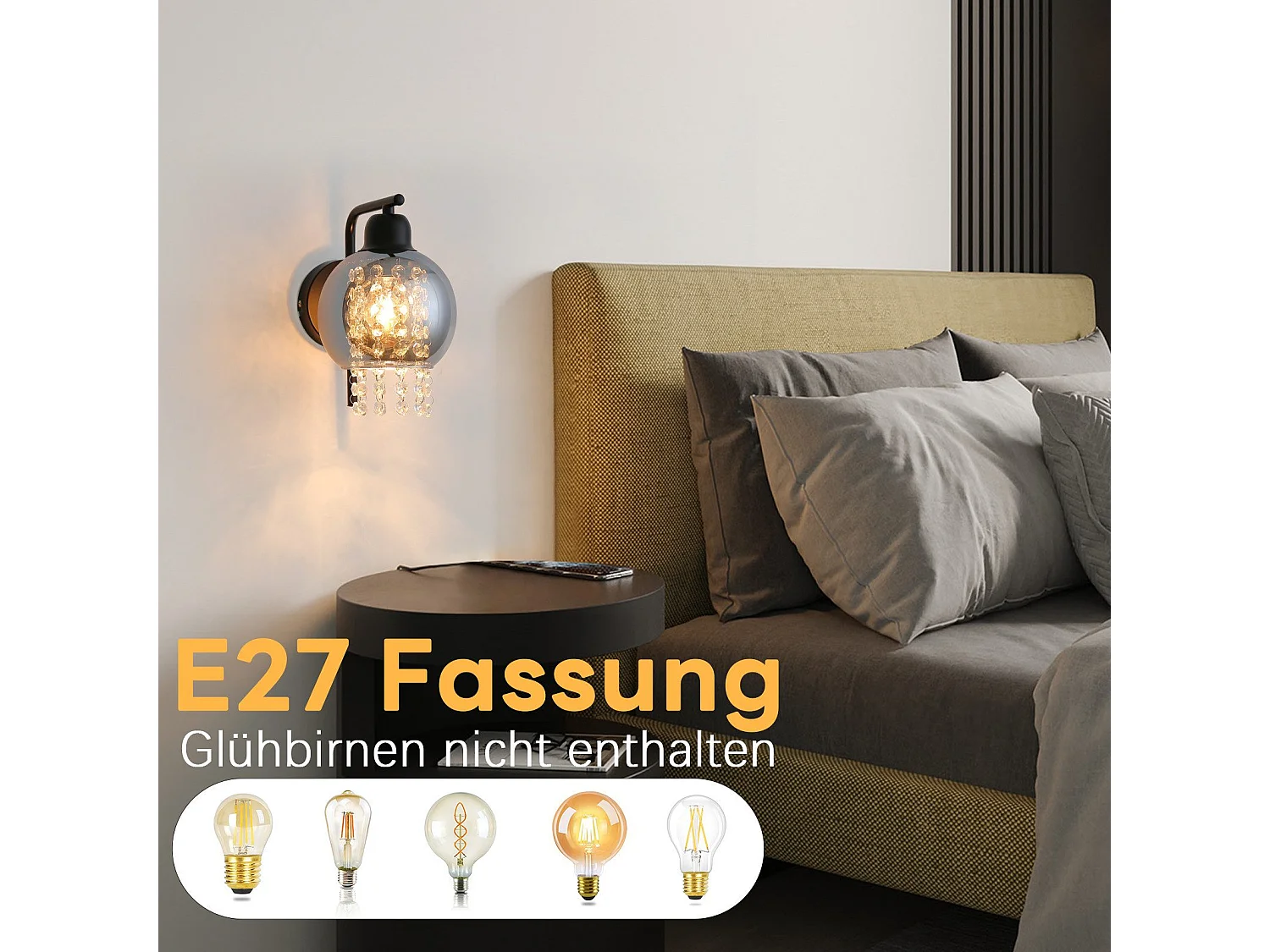 NETTLIFE Applique murale en verre gris fumé avec boule en cristal E27 pour chambre à coucher, lampe d'intérieur moderne pour couloir