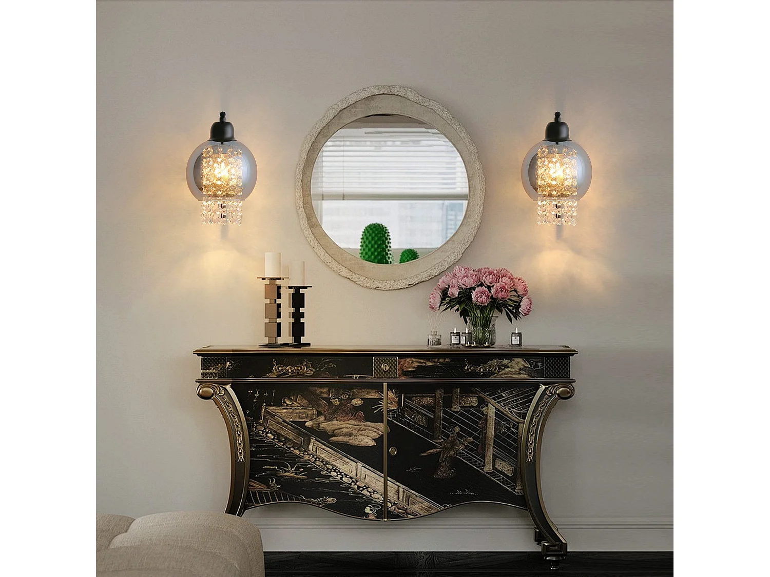 NETTLIFE Applique murale en verre gris fumé avec boule en cristal E27 pour chambre à coucher, lampe d'intérieur moderne pour couloir