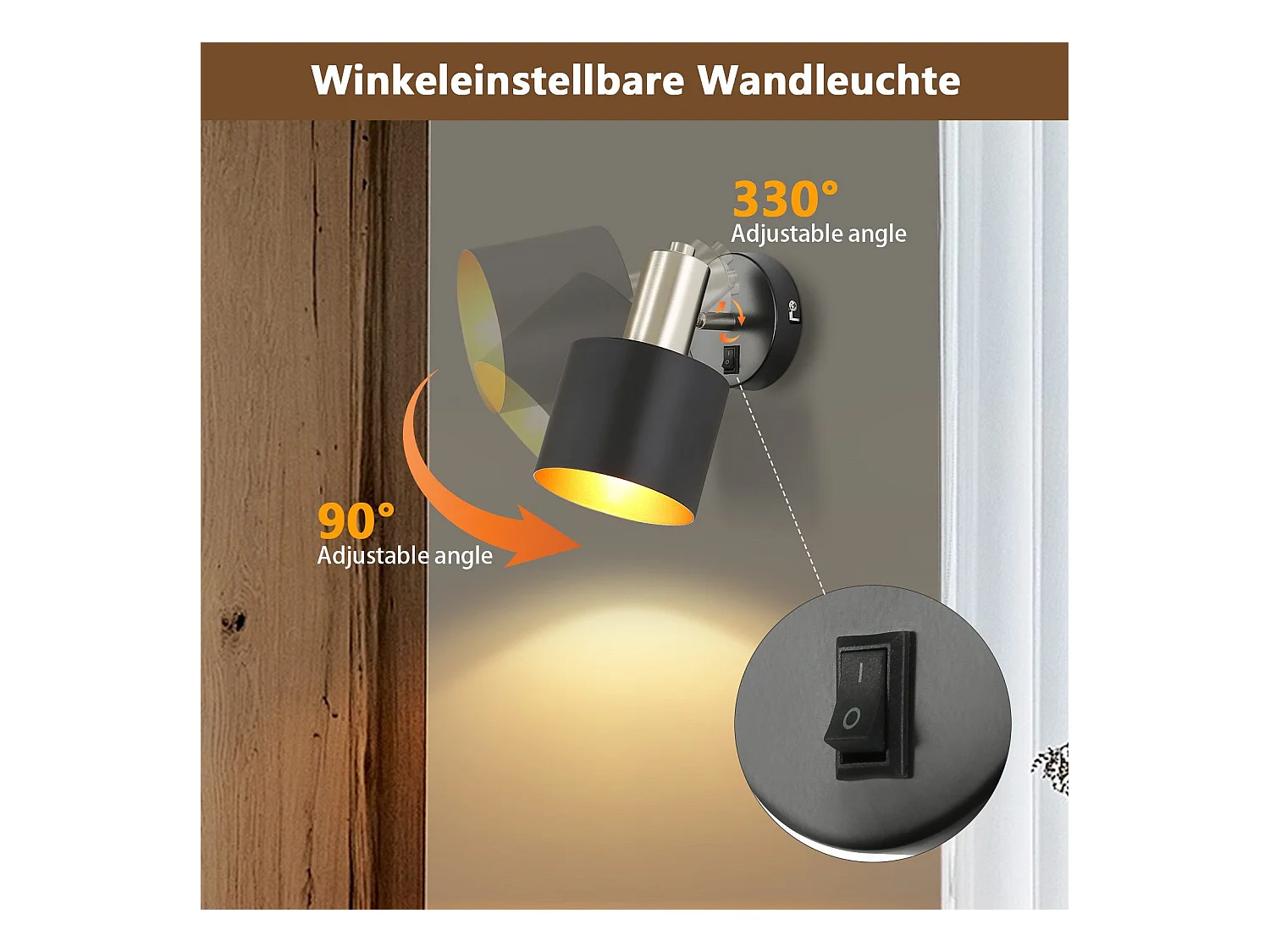 NETTLIFE Applique Murale Intérieur Spot Mural Vintage Noir 330° Pivotant E27 Petit Métal