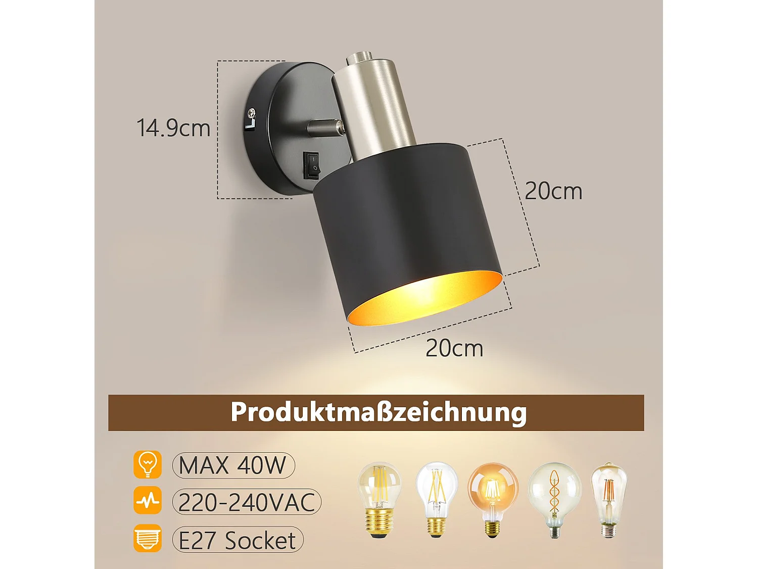 NETTLIFE Applique Murale Intérieur Spot Mural Vintage Noir 330° Pivotant E27 Petit Métal