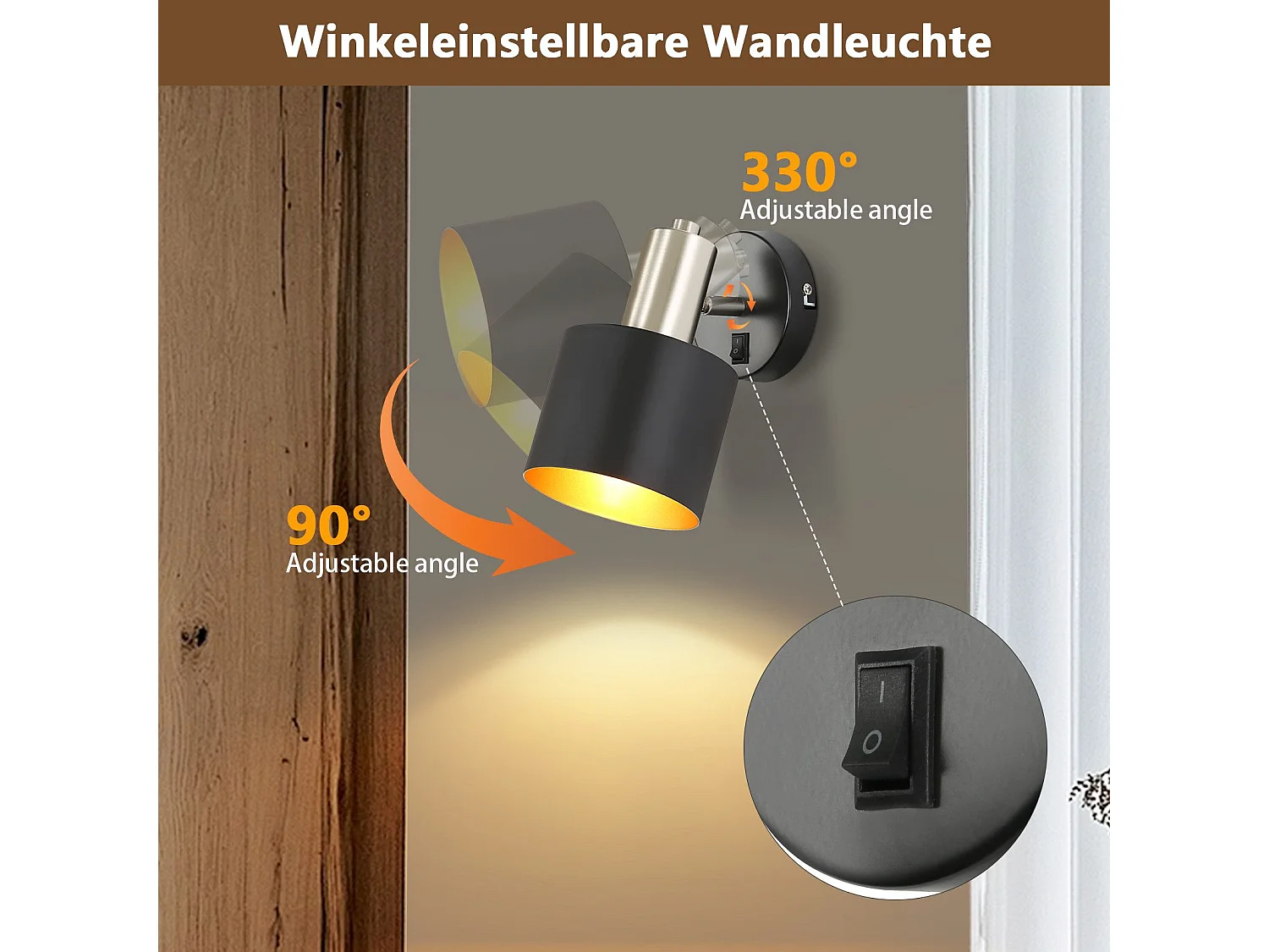 NETTLIFE Applique Murale Intérieur Spot Mural Vintage Noir 330° Pivotant E27 Petit Métal