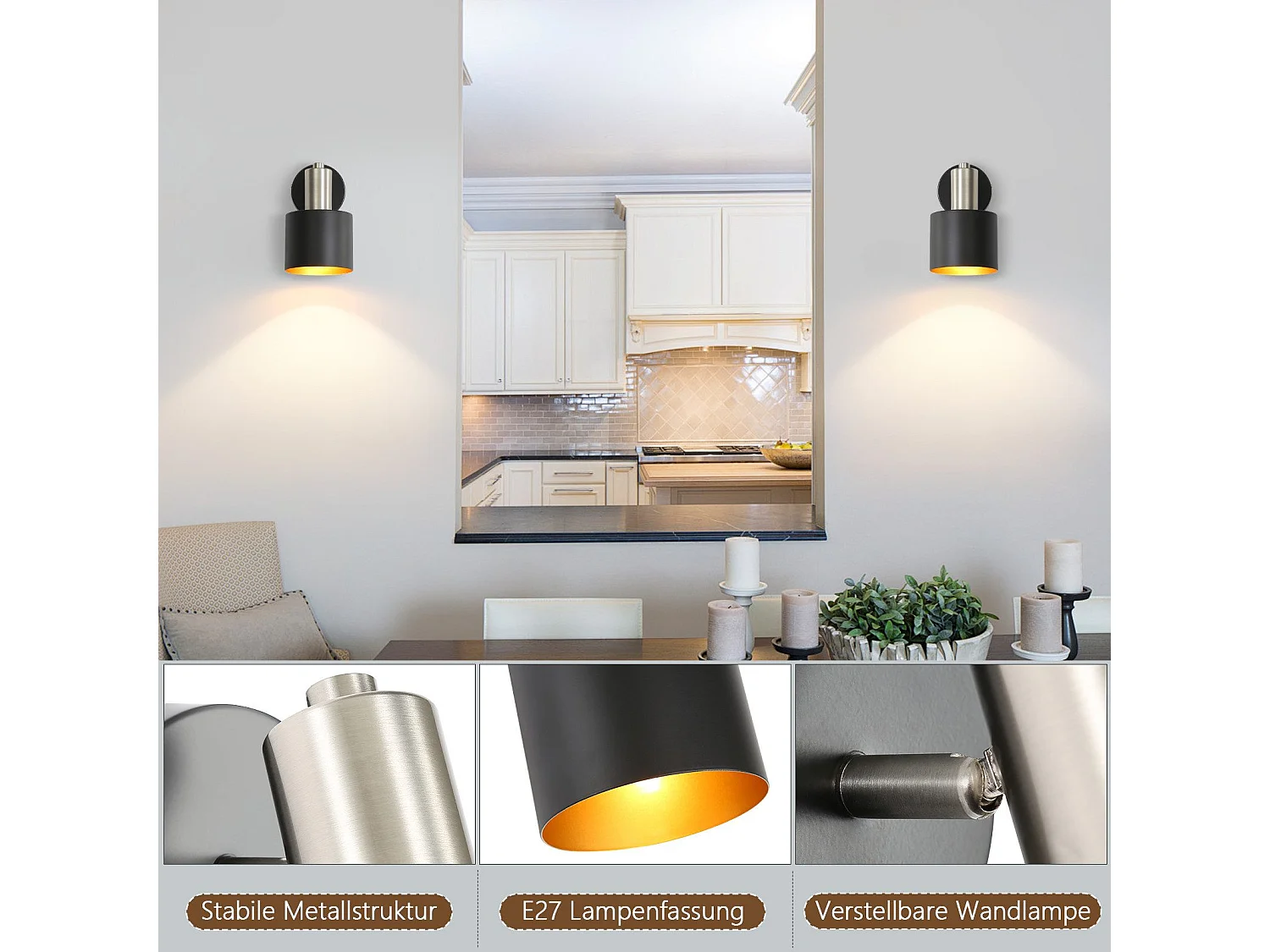 NETTLIFE Applique Murale Intérieur Spot Mural Vintage Noir 330° Pivotant E27 Petit Métal