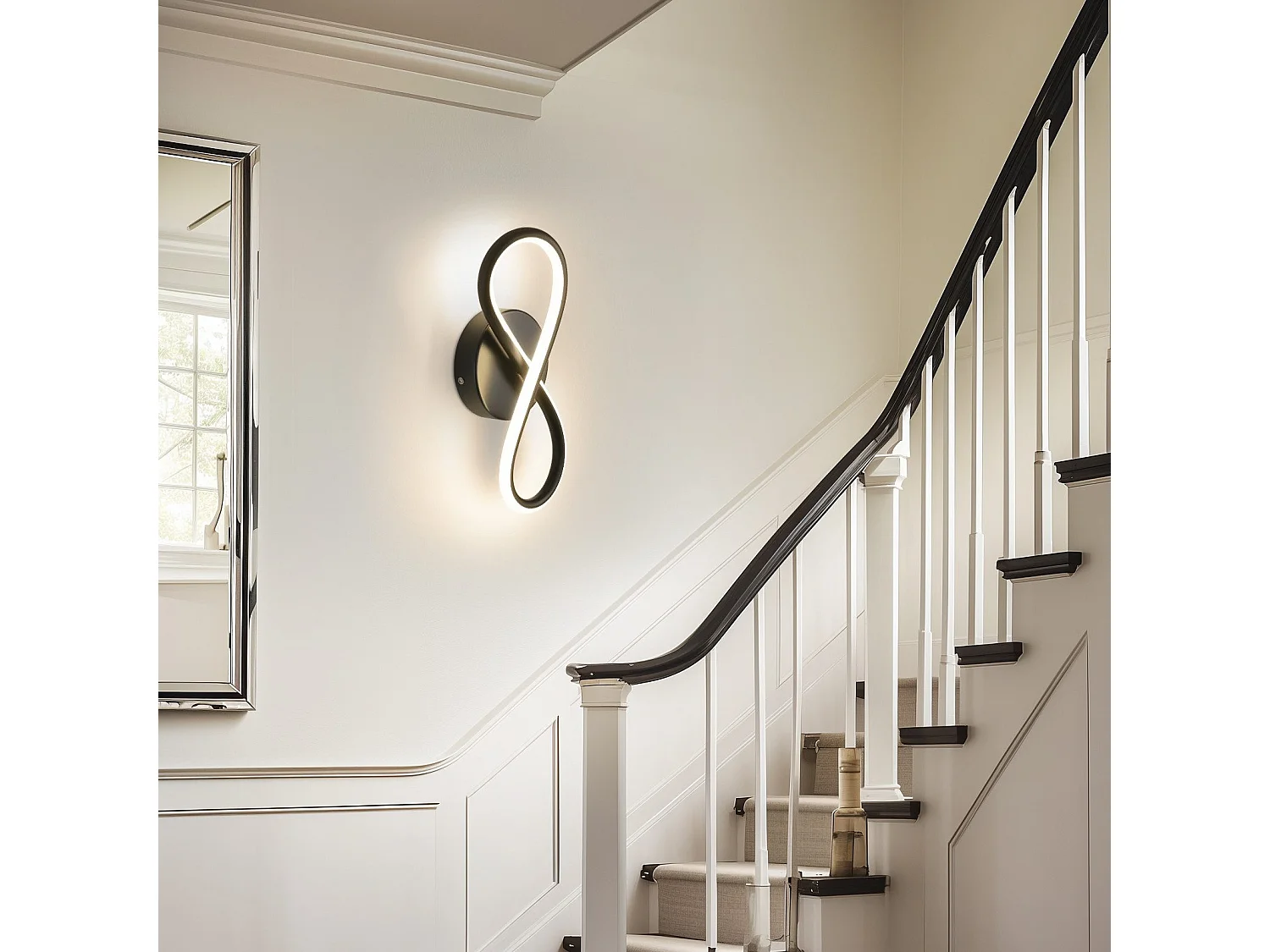 NETTLIFE Applique murale LED noire 7 W design incurvé blanc chaud 3000 K pour escalier d'intérieur