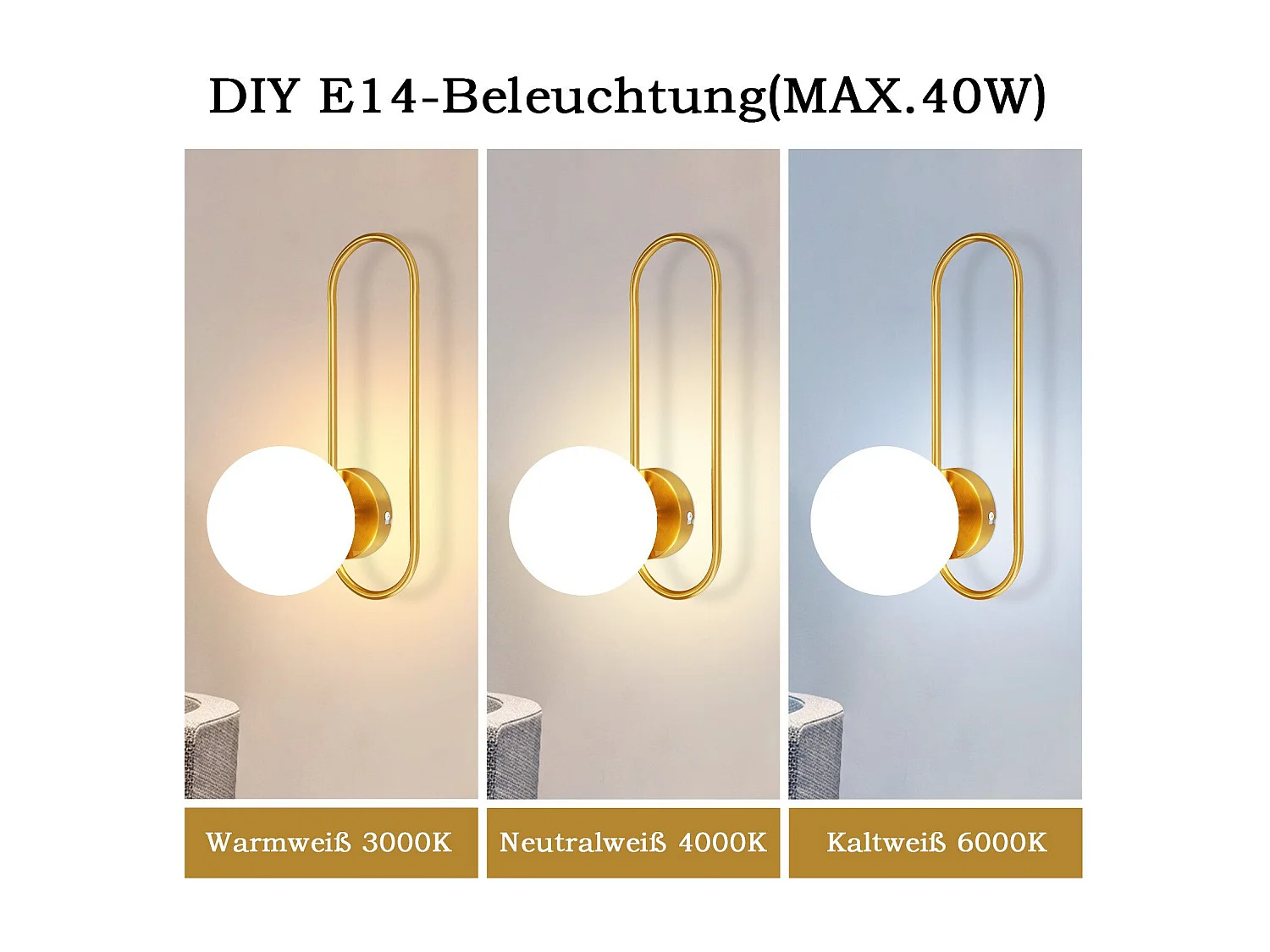 NETTLIFE Wewnętrzna lampa ścienna E14 Złota szklana kula Retro Nowoczesne oświetlenie ścienne do sypialni