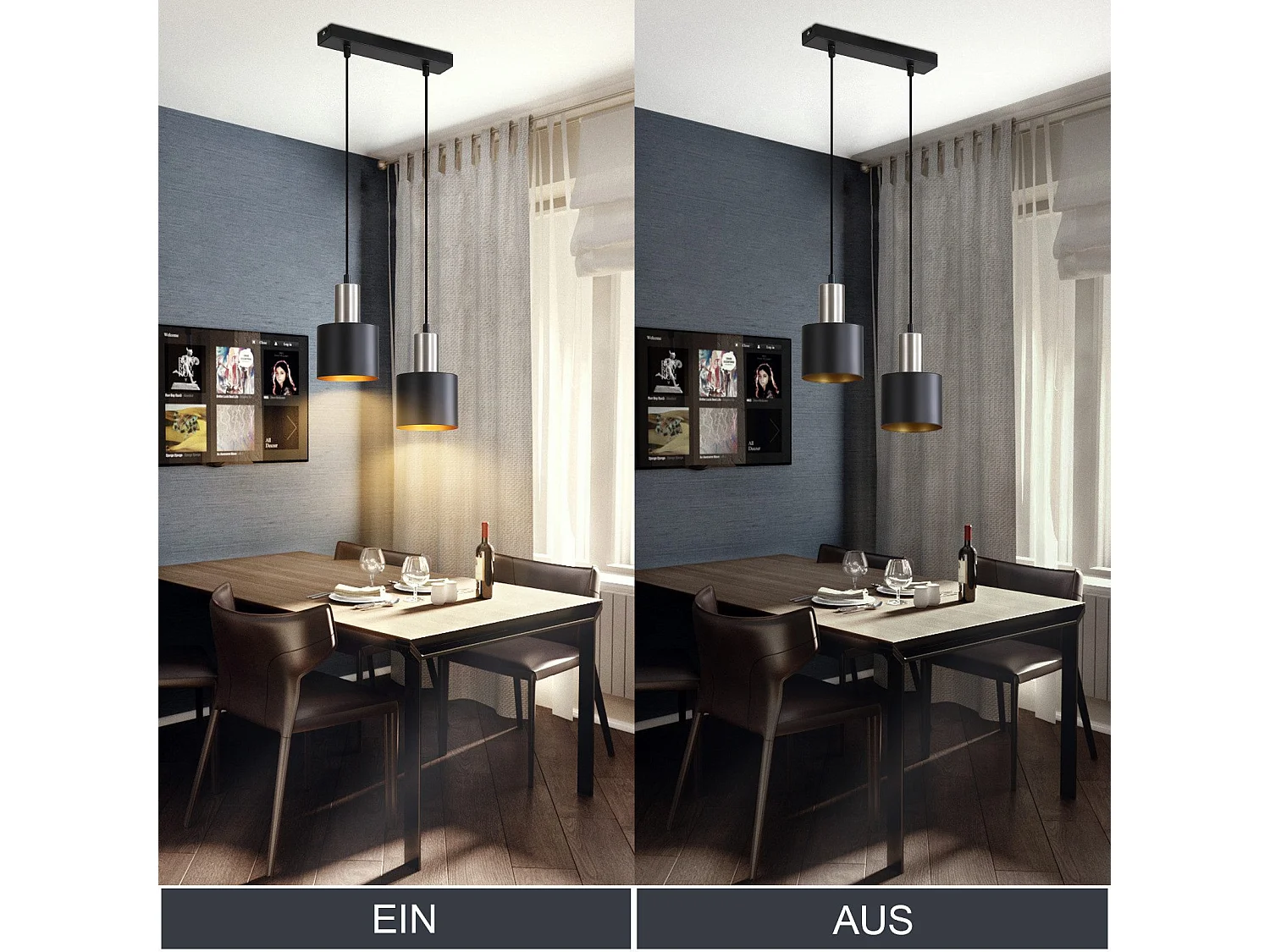 NETTLIFE Suspension table à manger E27 lampe suspendue vintage suspendue 2 ampoules noir doré