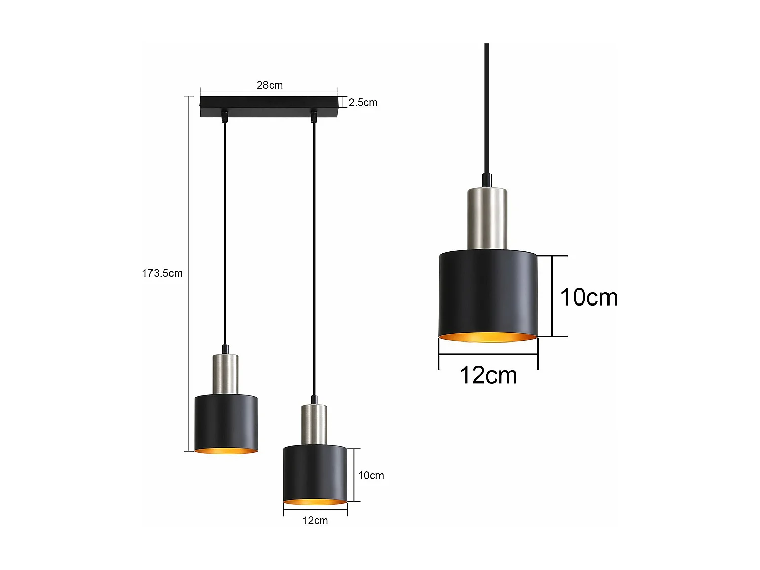 NETTLIFE Suspension table à manger E27 lampe suspendue vintage suspendue 2 ampoules noir doré