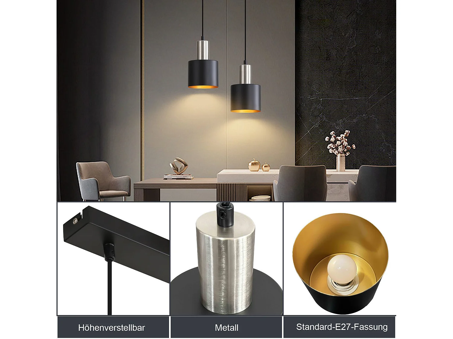 NETTLIFE Suspension table à manger E27 lampe suspendue vintage suspendue 2 ampoules noir doré