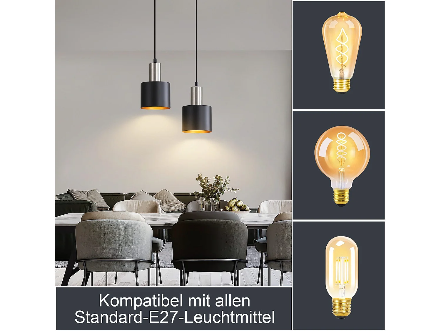 NETTLIFE Esstisch Pendelleuchte E27 Vintage Hängelampe 2-flammig Schwarz Gold