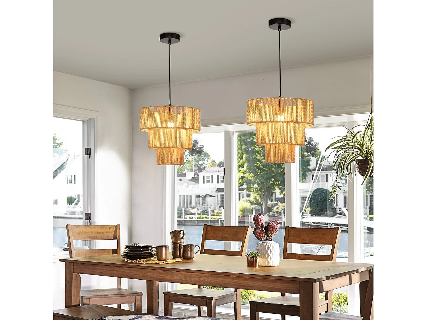 NETTLIFE Lampe suspendue table à manger suspension salon suspension bohème en rotin Ø35cm suspendue 1 ampoule