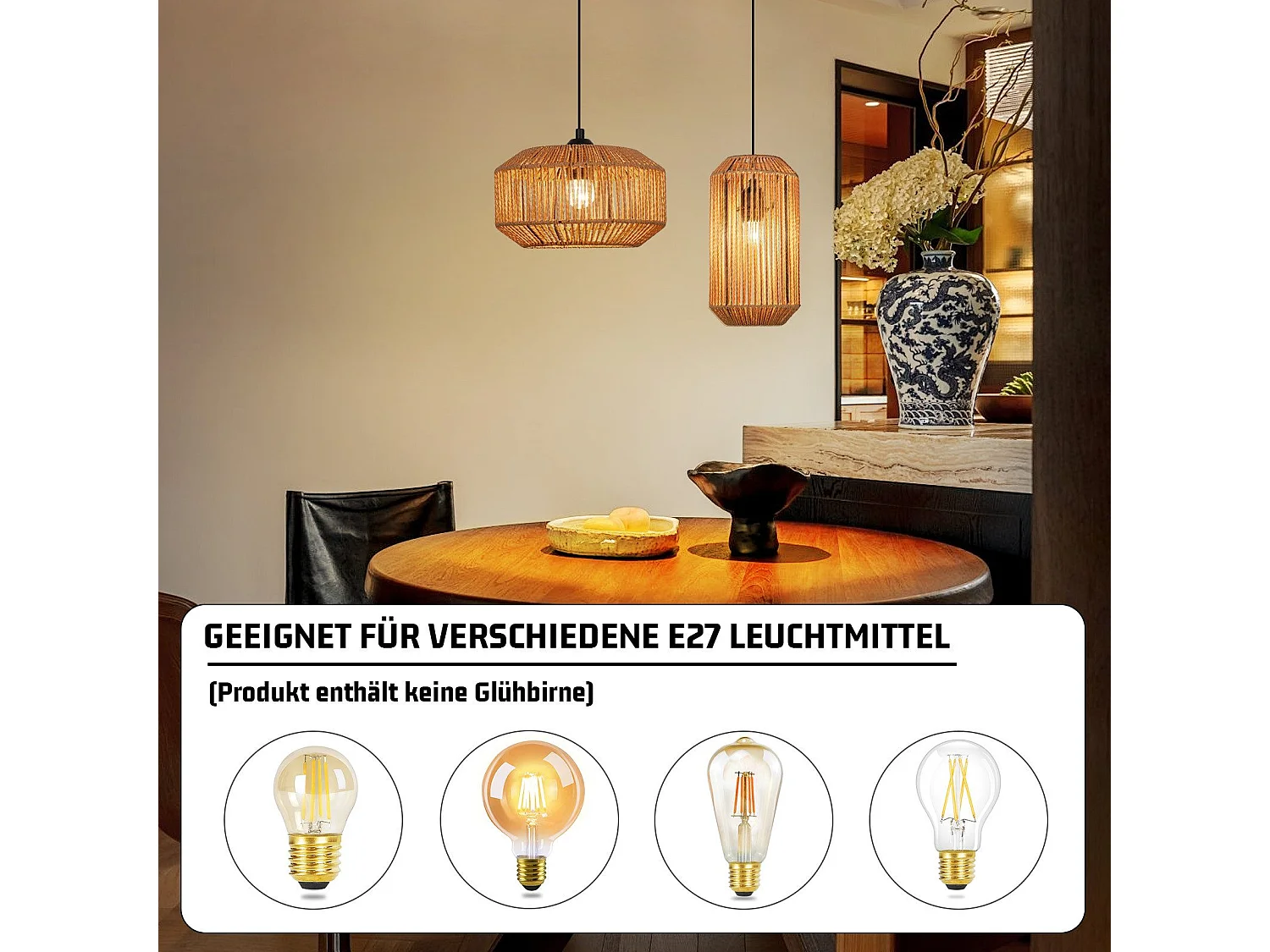 NETTLIFE Vintage Esstisch Pendelleuchte 1 flammig Hanfseil Laterne Design E27 Esszimmerlampe