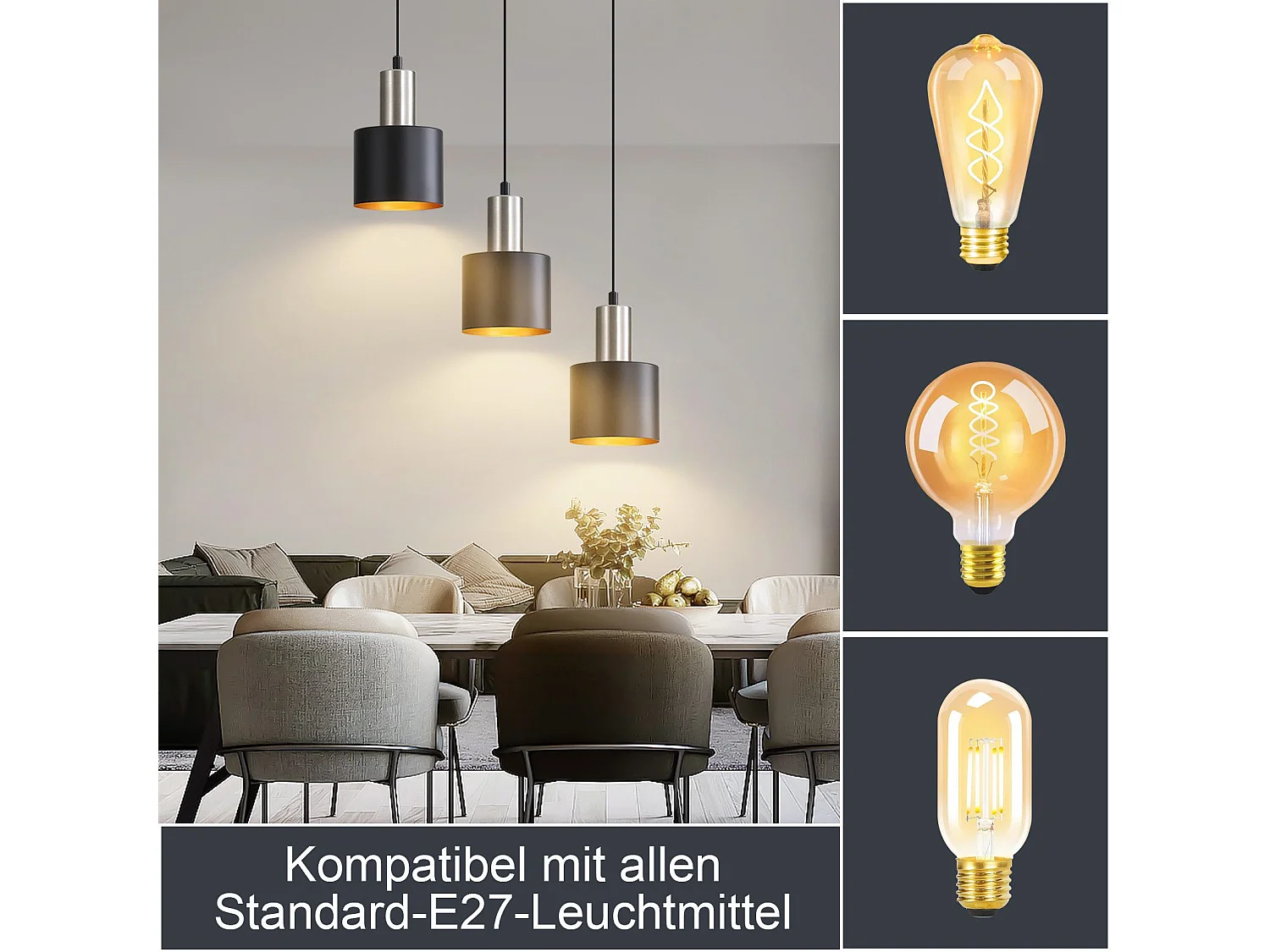 NETTLIFE Eettafel Hanglamp E27 Vintage Hanglamp - 3 Lampen Keuken Hanglamp Zwart Goud Eetkamerlamp