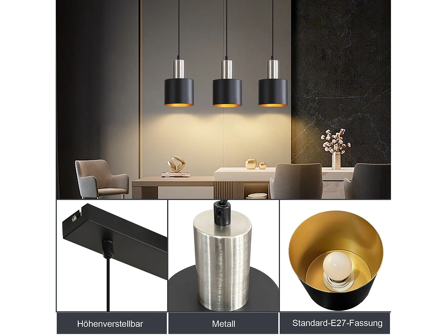 NETTLIFE Eettafel Hanglamp E27 Vintage Hanglamp - 3 Lampen Keuken Hanglamp Zwart Goud Eetkamerlamp