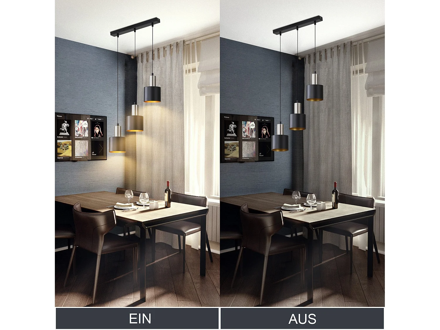 NETTLIFE Suspension table à manger E27 lampe suspendue vintage - lampe de cuisine suspendue 3 ampoules lampe de salle à manger noir or