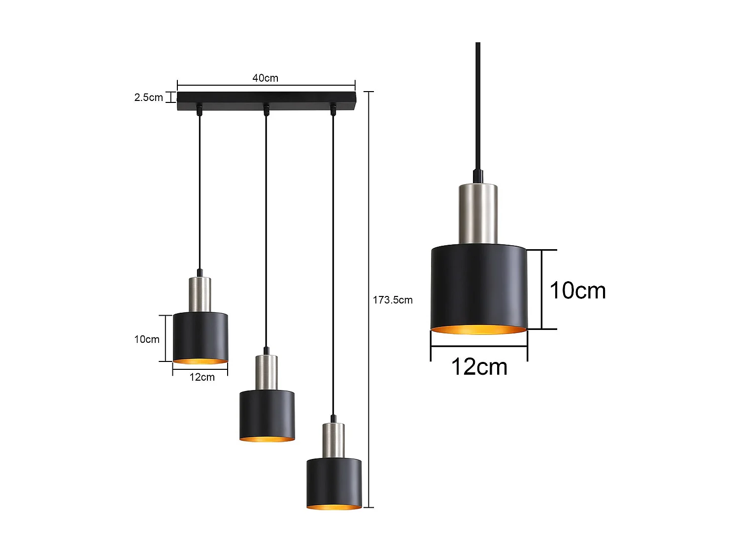 NETTLIFE Suspension table à manger E27 lampe suspendue vintage - lampe de cuisine suspendue 3 ampoules lampe de salle à manger noir or