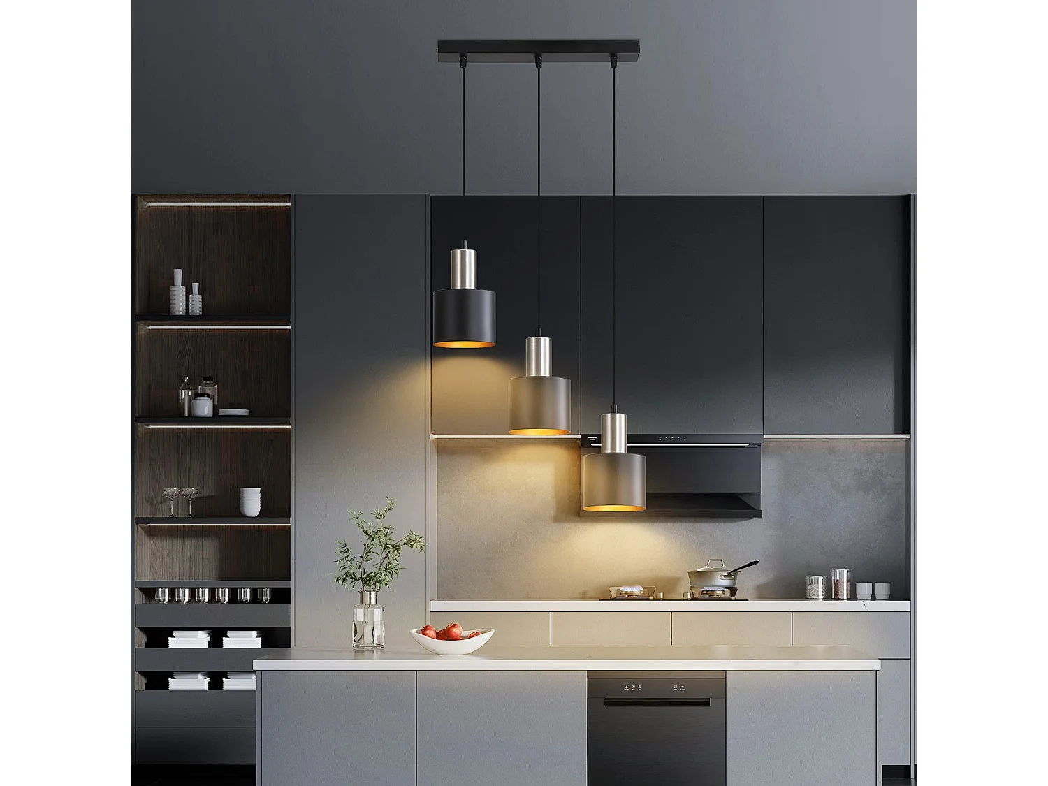 NETTLIFE Suspension table à manger E27 lampe suspendue vintage - lampe de cuisine suspendue 3 ampoules lampe de salle à manger noir or