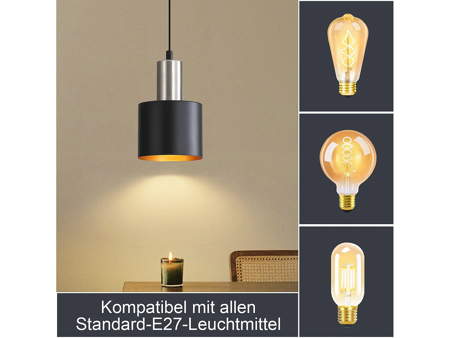 NETTLIFE Lampe suspendue table à manger suspension E27 suspension noire rétro table de chevet réglable en hauteur