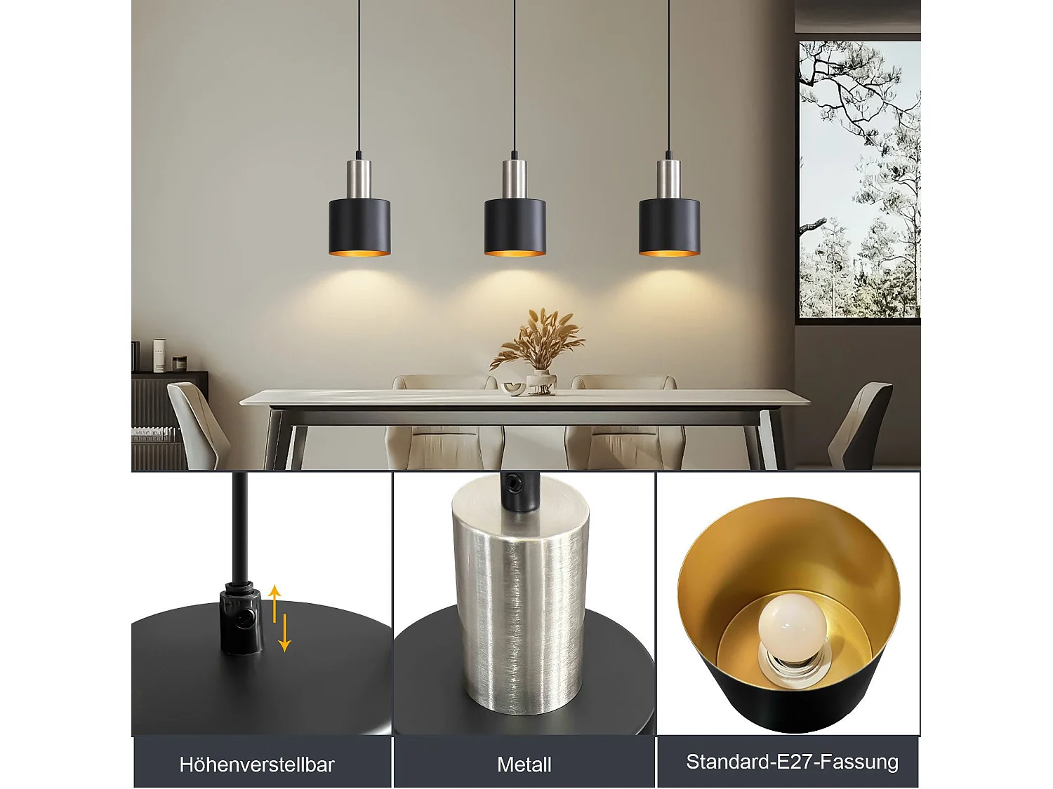 NETTLIFE Lampe suspendue table à manger suspension E27 suspension noire rétro table de chevet réglable en hauteur