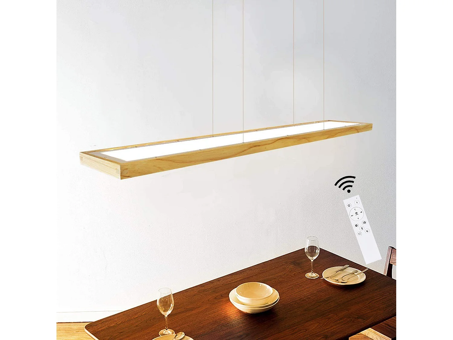 NETTLIFE Suspension salle à manger bois 38W dimmable avec télécommande 100CM suspension LED