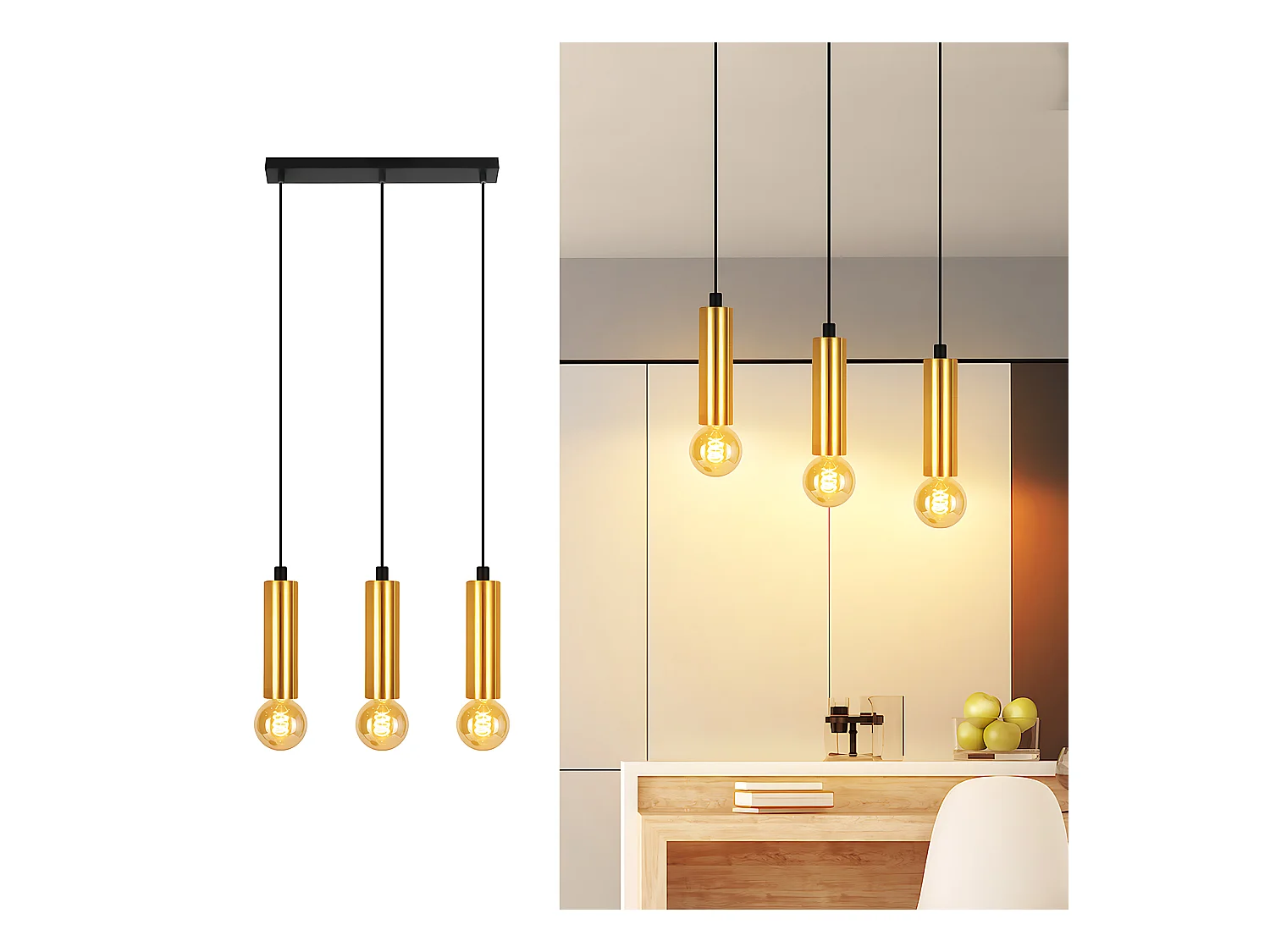 NETTLIFE Suspension or 3 ampoules lampe suspendue - lampe suspendue table à manger E27 industrielle métal suspendue