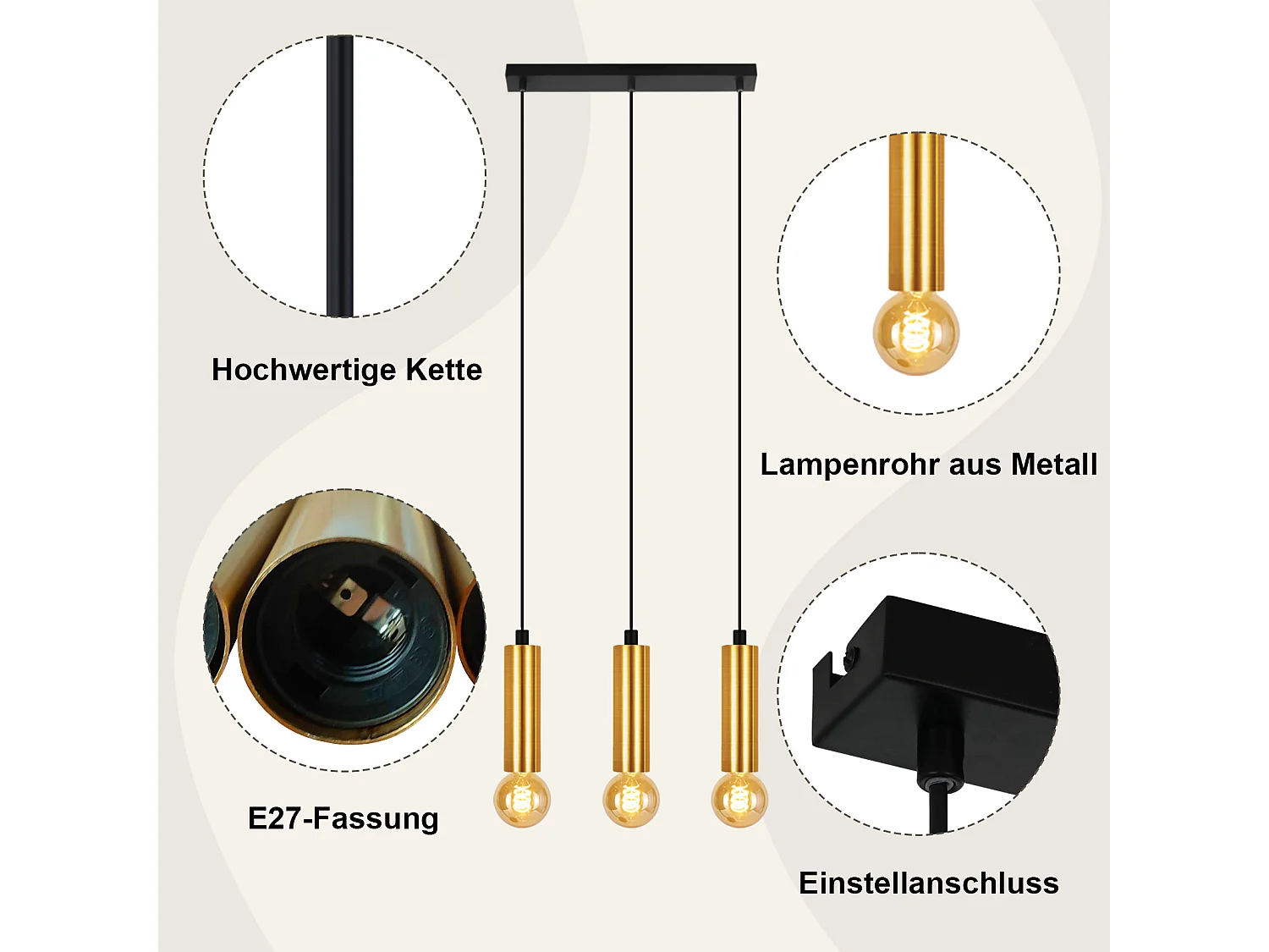 NETTLIFE Suspension or 3 ampoules lampe suspendue - lampe suspendue table à manger E27 industrielle métal suspendue