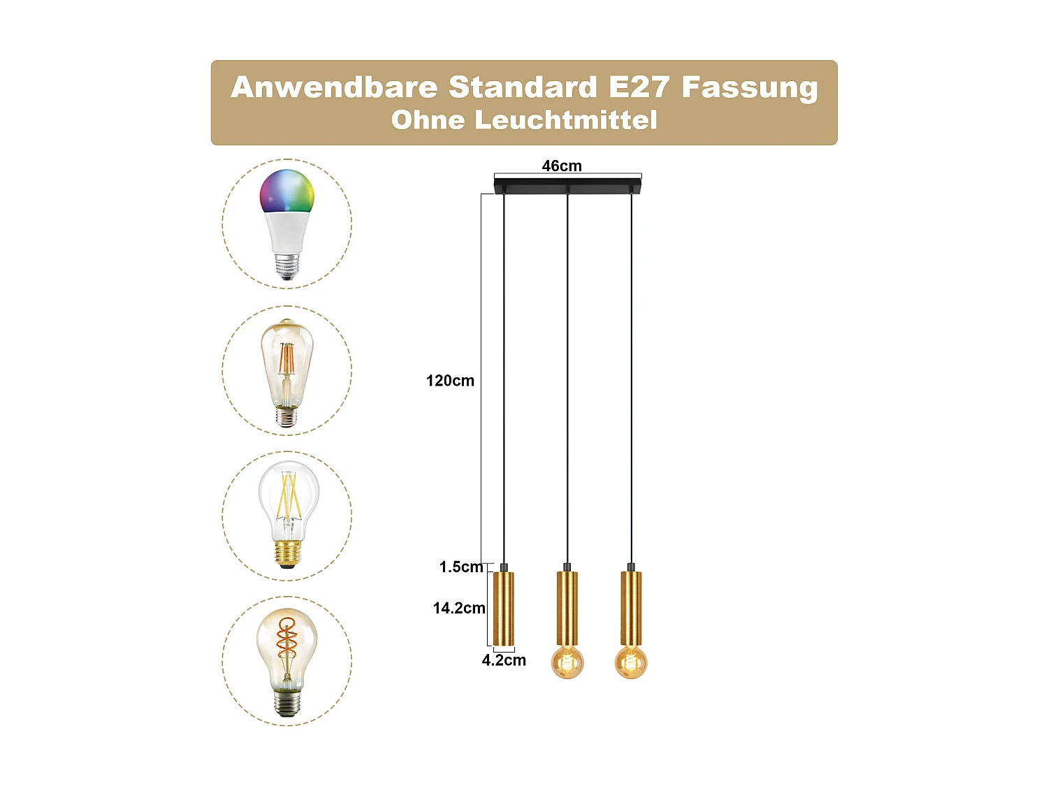 NETTLIFE Suspension or 3 ampoules lampe suspendue - lampe suspendue table à manger E27 industrielle métal suspendue