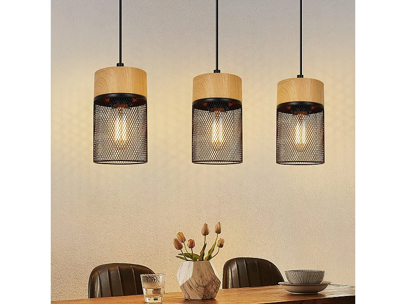 NETTLIFE Lampa wisząca Vintage Drewno Słoje Stół Jadalny Czarny Industrial E27 25W Lampa wisząca