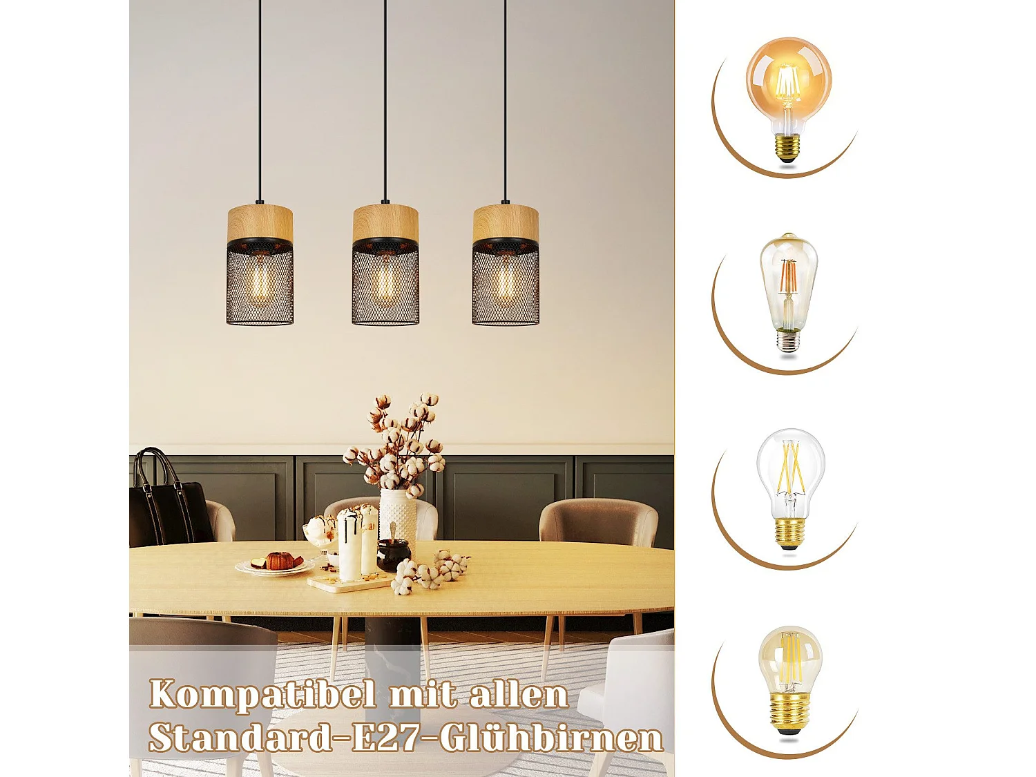 NETTLIFE Vintage Hanglamp Houtnerf Eettafel Zwart Industrieel E27 25W Hanglamp