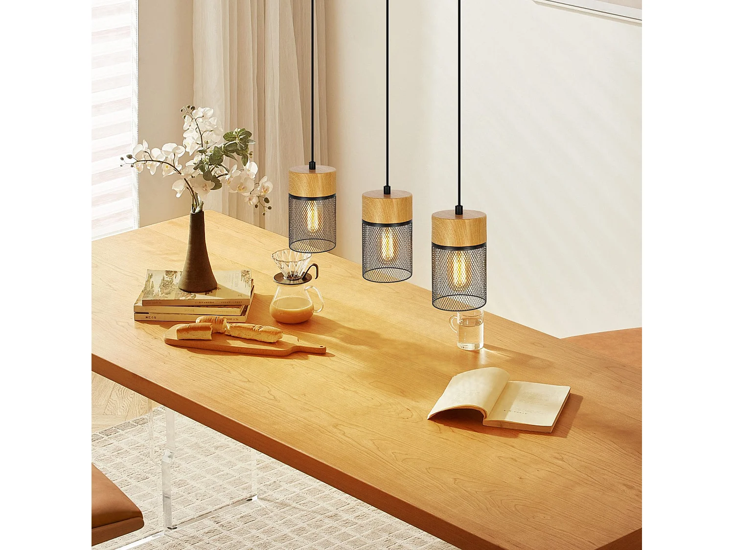 NETTLIFE Vintage Hanglamp Houtnerf Eettafel Zwart Industrieel E27 25W Hanglamp