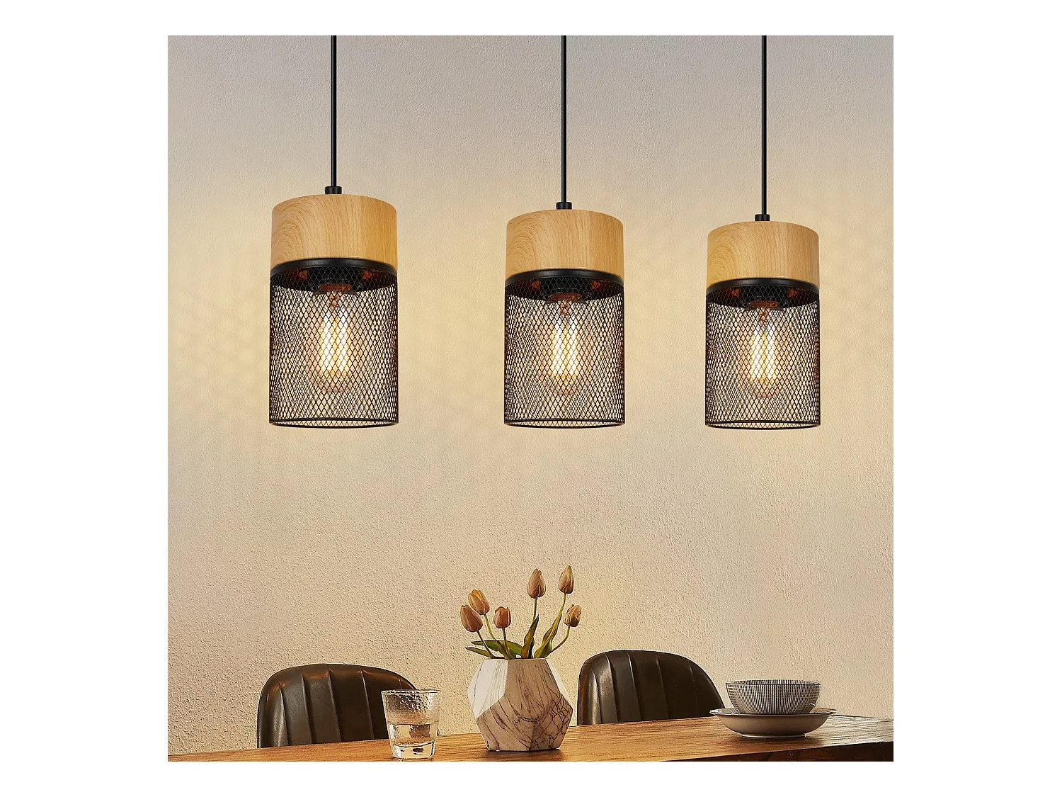 NETTLIFE Lampe à suspendre Vintage Bois veiné Table à manger Noir Industriel E27 25W Suspension