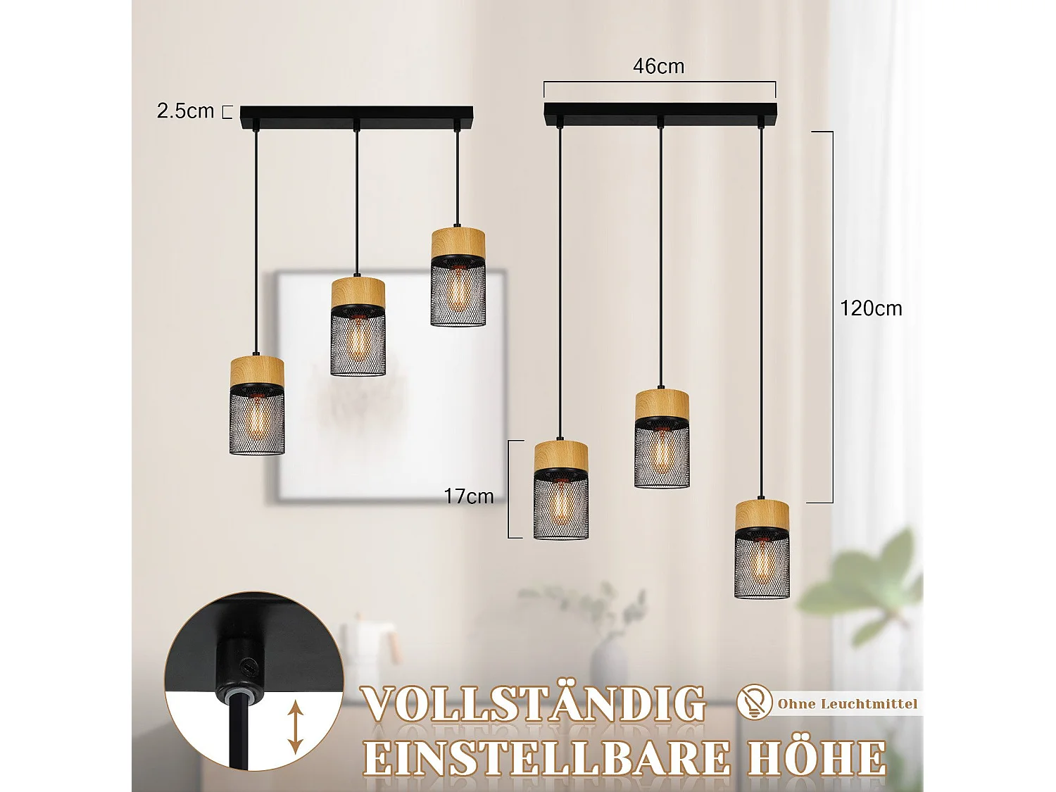 NETTLIFE Lampe à suspendre Vintage Bois veiné Table à manger Noir Industriel E27 25W Suspension