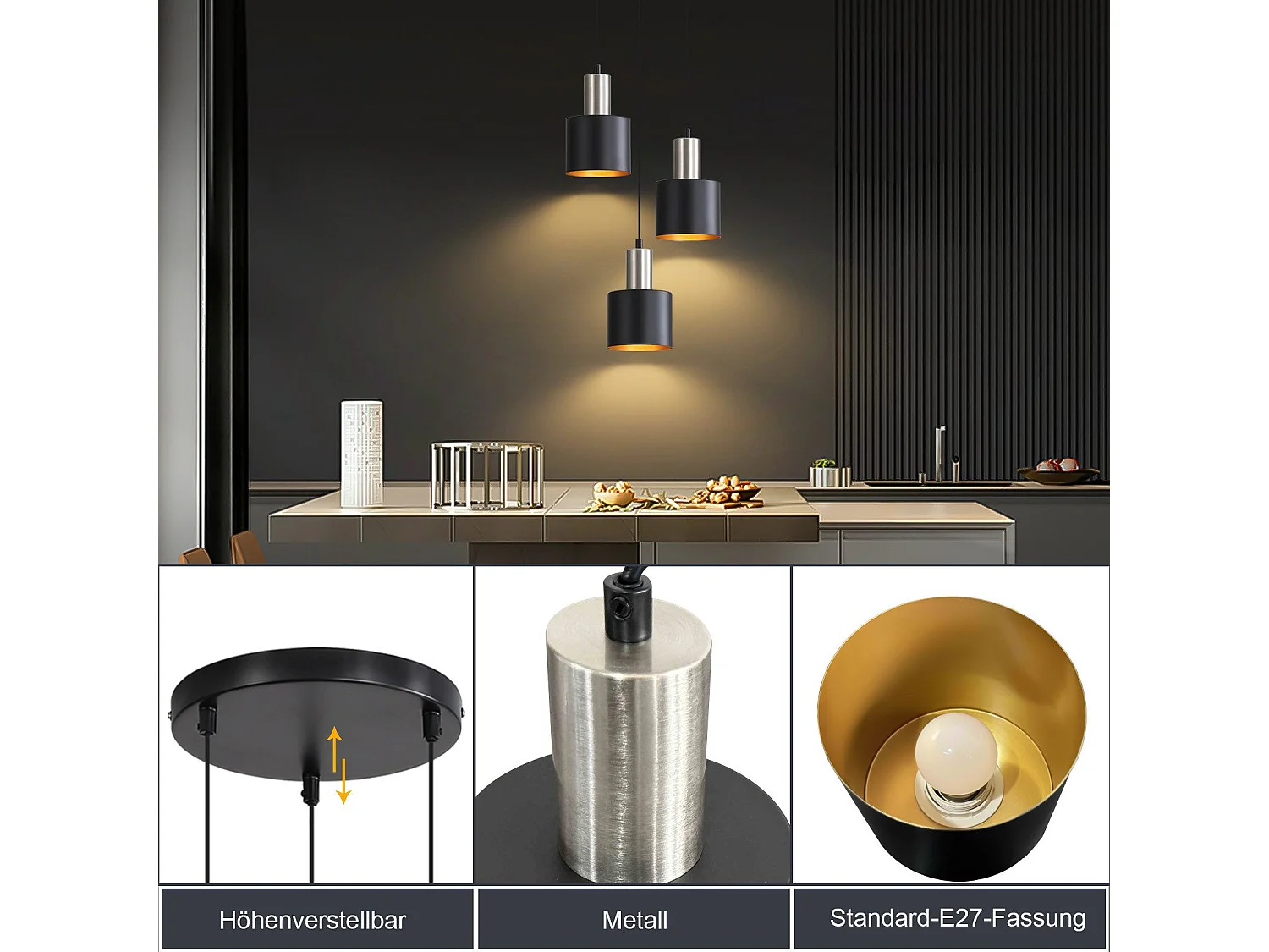 NETTLIFE Lampa wisząca do jadalni E27 Vintage Lampa wisząca 3 żarówki Czarny Złoty