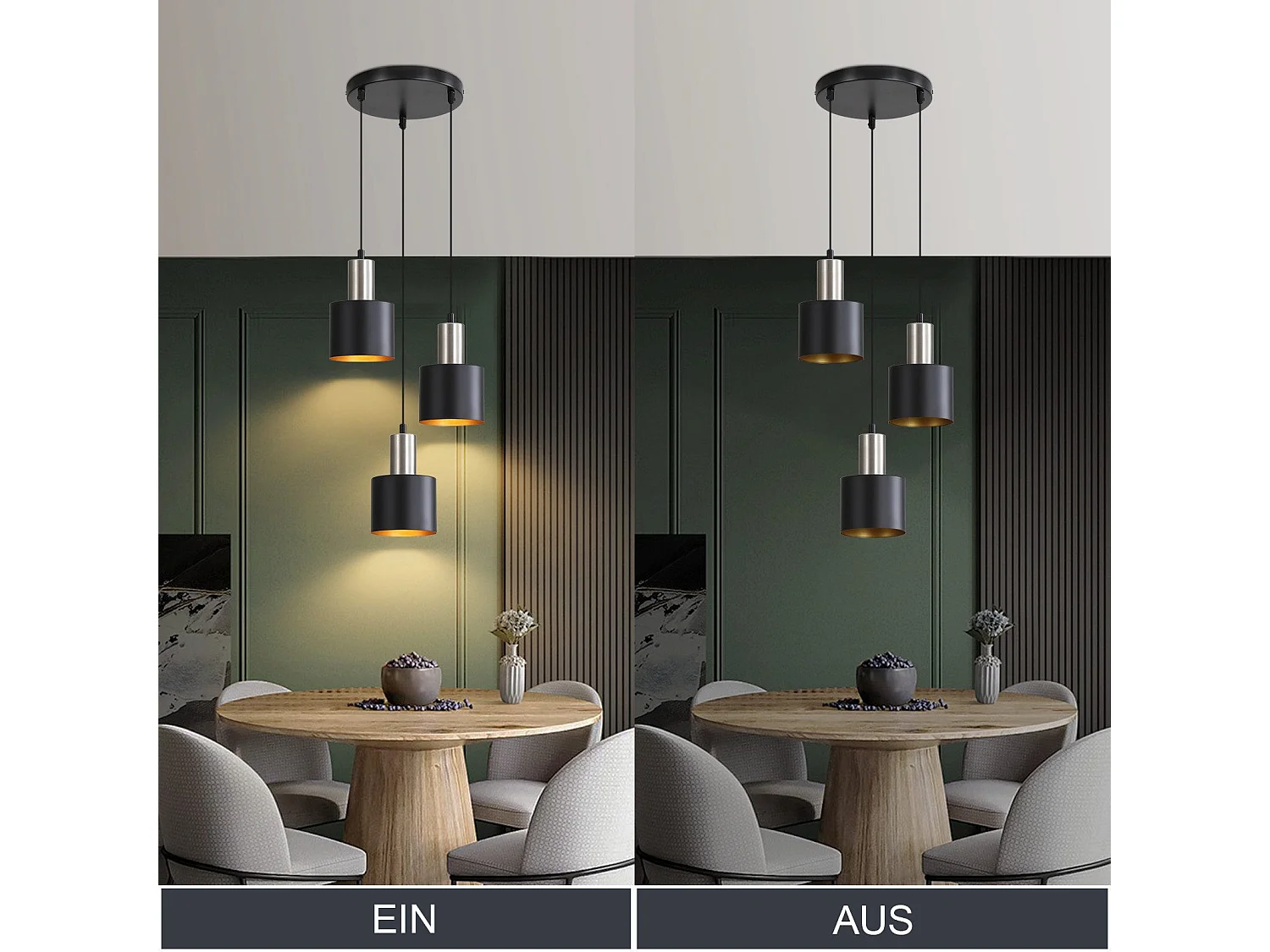 NETTLIFE Lampa wisząca do jadalni E27 Vintage Lampa wisząca 3 żarówki Czarny Złoty