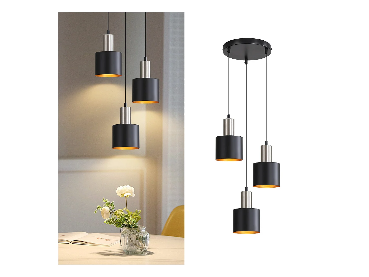 NETTLIFE Suspension table à manger E27 lampe suspendue vintage suspendue 3 ampoules noir or