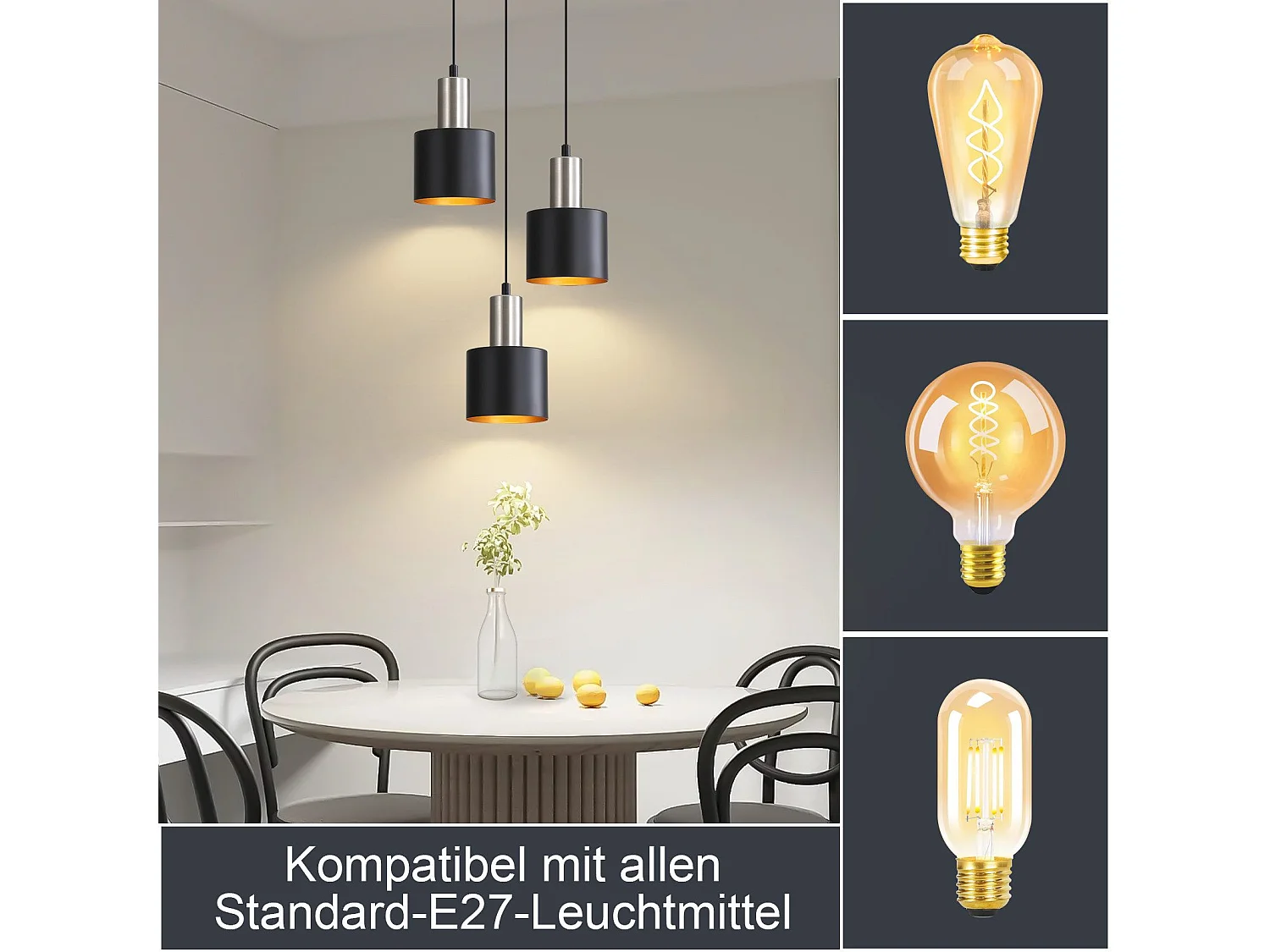 NETTLIFE Suspension table à manger E27 lampe suspendue vintage suspendue 3 ampoules noir or