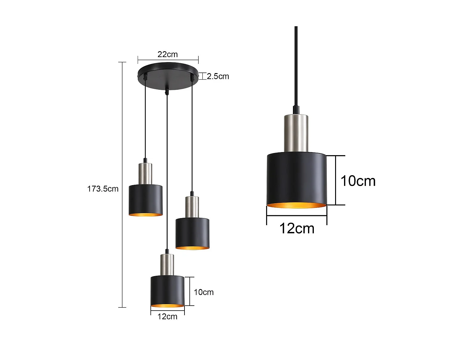 NETTLIFE Suspension table à manger E27 lampe suspendue vintage suspendue 3 ampoules noir or